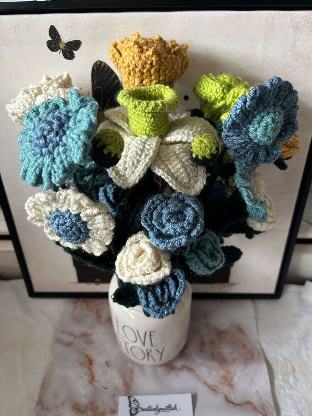 Handcrafted Crochet Flower Vase Arrangement in Blue, Cream & Mustard
